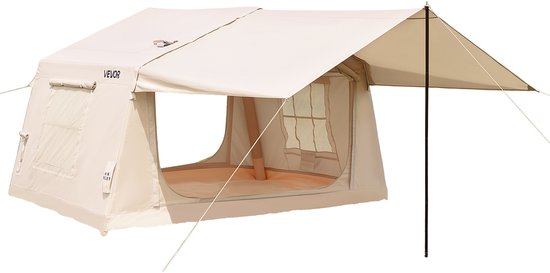 VEVOR Opblaasbare Tent, Luchttent voor 3-5 Personen met Pomp & Zonnescherm, Beige, voor Buitenactiviteiten, Waterafstotend 420D Oxford-Doek met Dakraam, Schoorsteenopening & Gaasraam, Windbestendig