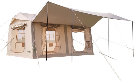 VEVOR Opblaasbare Tent, Luchttent voor 5-8 Personen met Pomp & Zonnescherm, Beige, voor Buitenactiviteiten, Waterafstotend 420D Oxford-Doek met Dakraam, Schoorsteenopening & Gaasraam, Windbestendig