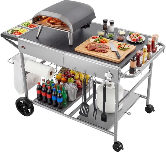 VEVOR Outdoor Grillwagen 925x595x25 MM (Tafelbladformaat), Verrijdbare Grilltafel met 4 Kruidenbakjes, Wielen, Deksels en Haken, Grillvoorbereidingstafel/Serveerwagen voor Picknick, Keuken en Tuin
