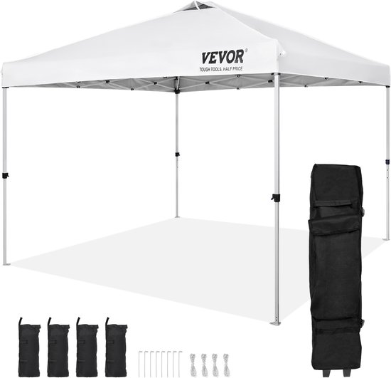 VEVOR Paviljoen 304,8x304,8x320cm Tuintent 250D PU Zilver Gecoate Stof Opvouwbaar Paviljoen Incl. Opbergtas Partytent 6-8 Personen Pop-Up Tent Wit Tuinpaviljoen Voor Kampeertrip van Merkloos