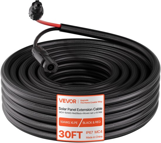 VEVOR Solar Verlengkabel 9,14 M, 10 Awg, Zonne-Energie Verlengkabel met Vlamvertragende Beschermmantel, Vrouwelijke En Mannelijke Connectoren, IP67, Pv-Kabel, voor Auto, Camper, Zwart En Rood