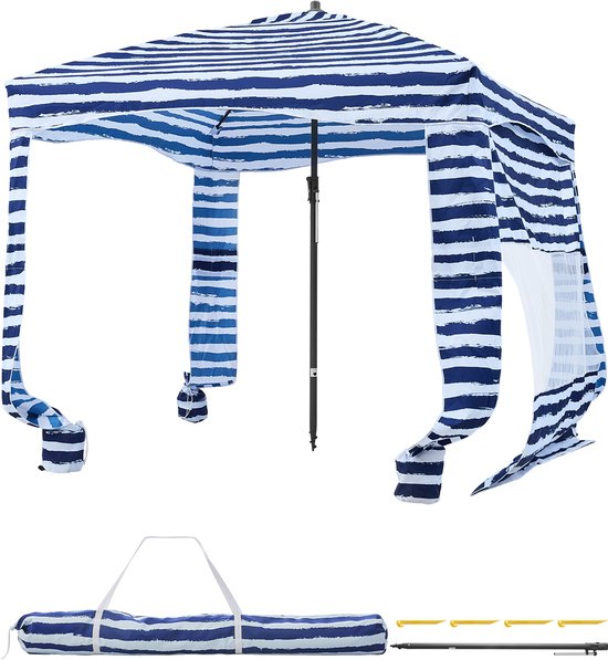VEVOR Strandcabana, 183x183cm Strandluifel met Zijpaneel, UPF 50+ Zonbescherming, Strandpaviljoen met Zandzakken, Marineblauwe Strepen