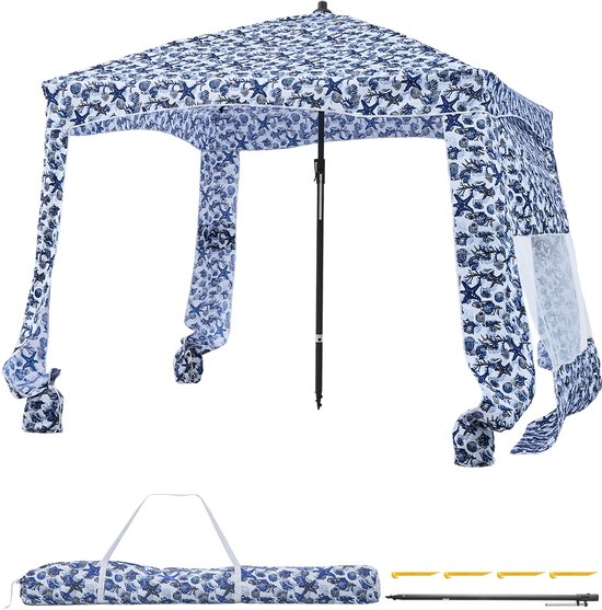 VEVOR Strandcabana 183x183cm, Strandluifel met Zijwanden, UPF 50+ Zonbescherming, Strandpaviljoen met Zandzakken, Donkerblauw Patroon van Vevor