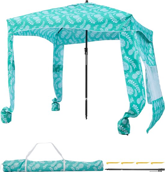 VEVOR Strandcabana 183x183cm, Strandluifel met Zijwanden, UPF 50+ Zonbescherming, Strandpaviljoen met Zandzakken, Lichtgroen Patroon