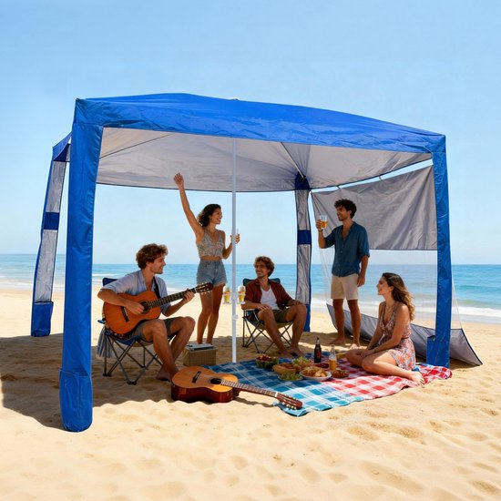 VEVOR Strandcabana, 2,4 X 2,4 M Strandtent met Zijwanden, UPF 50+ Zonbescherming, Strandpaviljoen met Zandzakken, in Hoogte Verstelbaar en Draagbaar Zonnescherm voor Familie en Vrienden, Blauw van Merkloos