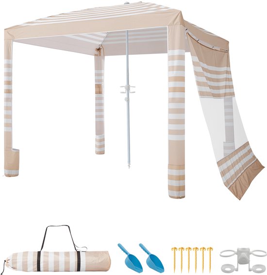 VEVOR Strandcabana, 240x240cm Strandluifel met Zijwanden, UPF 50+ Zonbescherming, Cabana met Zandzakken, In Hoogte Verstelbaar en Draagbaar Zonnescherm, Khaki Witte Strepen van Merkloos