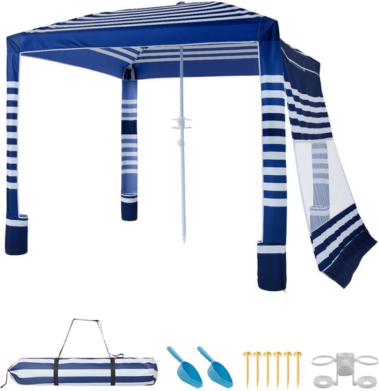 VEVOR Strandcabana, 240x240cm Strandluifel met Zijwanden, UPF 50+ Zonbescherming, Cabana met Zandzakken, In Hoogte Verstelbaar en Draagbaar Zonnescherm, Marineblauwe Strepen van Vevor