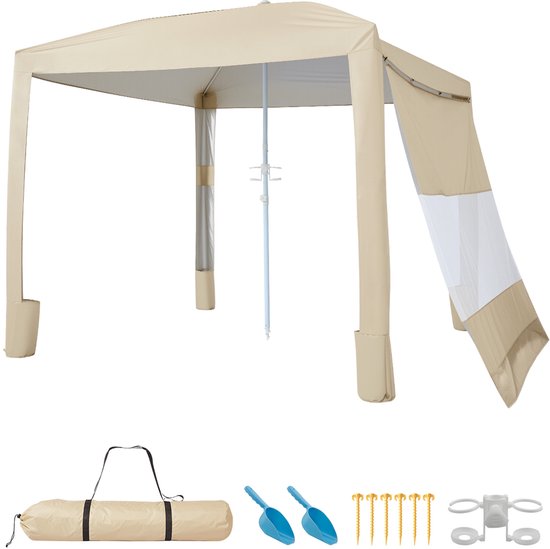 VEVOR Strandcabana, 240x240cm Strandluifel met Zijwanden, UPF 50+ Zonbescherming, Strandpaviljoen met Zandzakken, In Hoogte Verstelbaar en Draagbaar Zonnescherm, Kaki