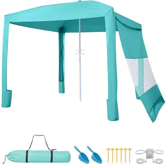 VEVOR Strandcabana, 240x240cm Strandtent met Zijwanden, UPF 50+ Zonbescherming, Strandpaviljoen met Zandzakken, In Hoogte Verstelbaar en Draagbaar Zonnescherm, Groen van Merkloos