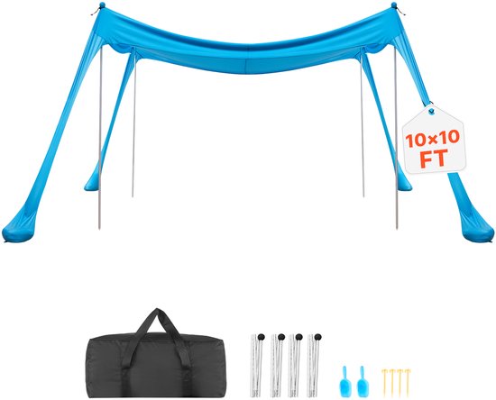 VEVOR Strandtent met Zonbescherming (UPF 50+) 3x3x2m, Strandtent met 4 Zandzakken, Stabilisatiepalen en Zandschepjes, Draagbare Zonnescherm voor Gezinsuitjes, Kamperen, Vissen, Blauw