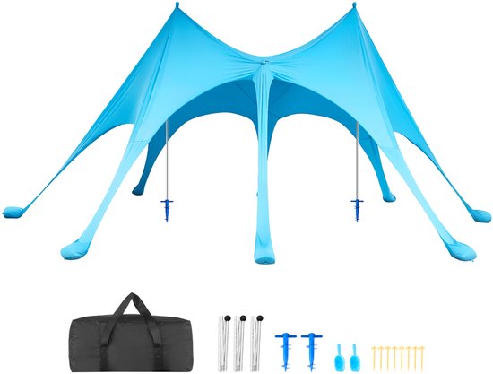 VEVOR Strandtent met Zonbescherming (UPF 50+) 6,1x4x2,8m, Strandtent met Zandzakken, Steunpalen en Zandschepjes, Draagbare Zonnescherm voor Gezinsuitjes, Kamperen, Vissen, Blauw van Merkloos