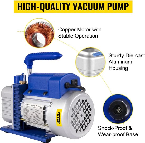 Vevor - Vacuümpomp - Koelmiddel vacuümpomp - Koelgereedschap - HVAC-koeling - 4.8CFM 1-3HP-meter, met meter - Blauw