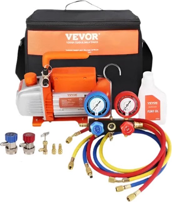 Vevor - Vacuümpomp - Koelmiddel Vacuümpomp - Koelmiddel Gereedschap - 1/4 HP 4 CFM AC Vacuümpomp - enkeltraps - Rotary Vane - HVAC Lucht Vacuümpomp - A / C Koelmiddel Manifold Gauge Set - Oranje van Merkloos