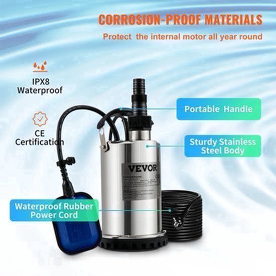 Vevor - Waterpomp - Rioolpomp - Dompelpomp - Schoonwaterpomp - Voor het pompen van water uit zwembaden - 9500L/H b - 550W - Zilver