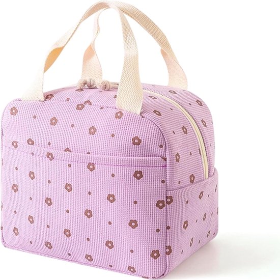 VHV Geïsoleerde Lunchtas Dames - Koeltas Lunchbag met Handvat - Paarse Bloemenprint - Voor Werk, School en Onderweg