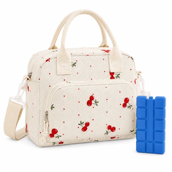 VHV - Koeltas Dames - Geïsoleerde koeltas - Koeltas -lunchpakket set - Koelelementen - Corduroy - Afneembare Schouderriem - 28,5 x 16 x 22 cm - Voor Werk, Kantoor, School en Picknick - Beige Kersenprint