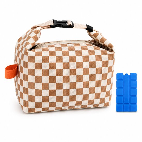 VHV - Koeltas - Geïsoleerde Lunchtas - Geïsoleerde Koeltas - koeltas - 200 ml Koelelementen - Corduroy - Aluminium Binnenvoering - 24x14x22cm Opvouwbaar - Voor Werk, School en Picknick - Beige Ruitpatroon