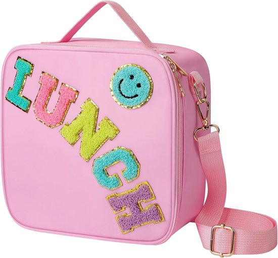 VHV - Lunchbag - Geïsoleerde lunchtas met verstelbare schouderriem - Smiley koeltas voor school en picknick - Roze