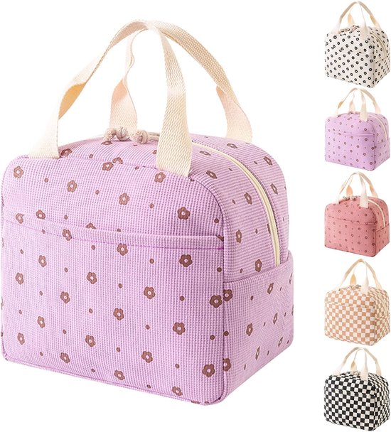 VHV - Lunchtas - Lunchtas dames - Geïsoleerde lunchtas - Geïsoleerde lunchbox voor dames - Corduroy geïsoleerde lunchtas - Voor school - Kantoor - Picknick - Paarse bloemen