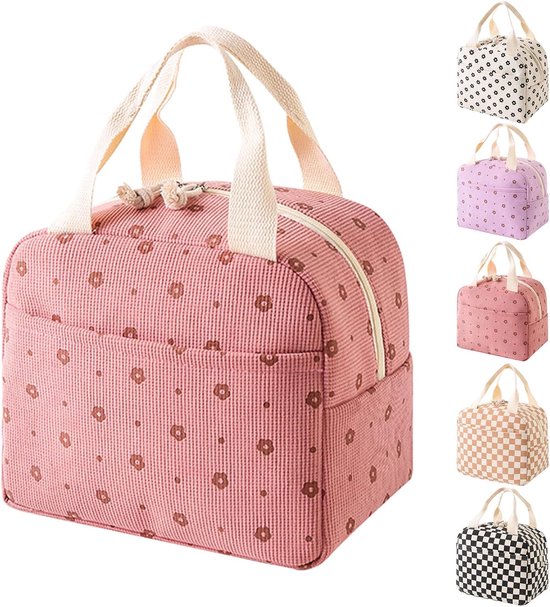 VHV - Lunchtas - Lunchtas dames - Geïsoleerde lunchtas - Geïsoleerde lunchbox voor dames - Corduroy geïsoleerde lunchtas - Voor school - Kantoor - Picknick - Roze bloemen van Vhv