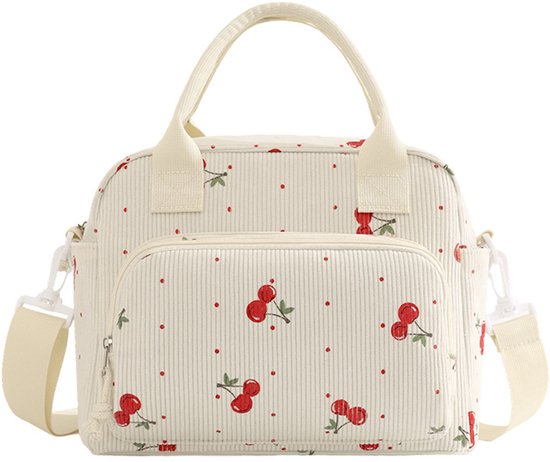 VHV-Lunchtas voor Dames - Stijlvolle Corduroy Koeltas met Bekerhouder en Schouderband - Herbruikbare Isolatietas voor Werk, School en Picknick - Kersrood