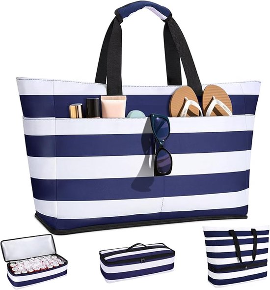 VHV Strandtas met Koelvak - 2-in-1 Koeltas en Shopper - 54L Extra Grote Strandtas - Afneembare Geïsoleerde Koeltas - Lekbestendige Picknicktas - Blauw-Wit Gestreept