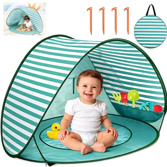 VHV - Strandtent - Babytent - Pop up strandtent - UV-bescherming UPF 50+ - Met zwembadje - Zelfuitvouwbaar - Voor strand en tuin - Met draagtas - 120*80cm - Groen