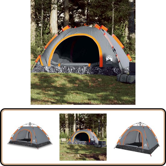 vidaXL 3-persoons tent grijs/oranje met snelontgrendeling Kampeertent - Tent - Camping - Vakantie - Buitenshuis van VidaXL