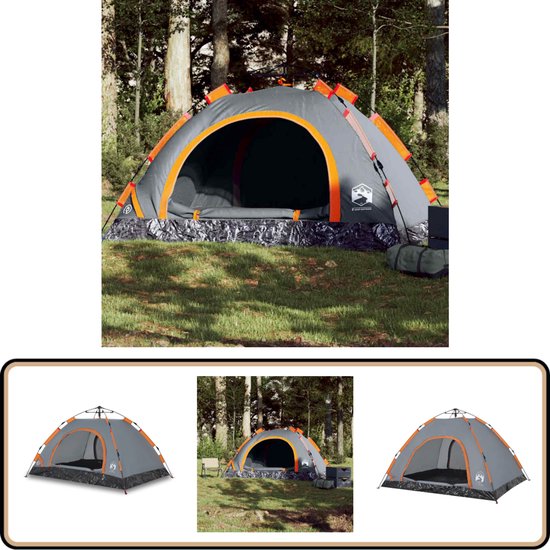 vidaXL 4-persoons tent grijs/oranje met snelontgrendeling Kampeertent - Tent - Buitenleven - Vakantie - Campingtent van Vidaxl