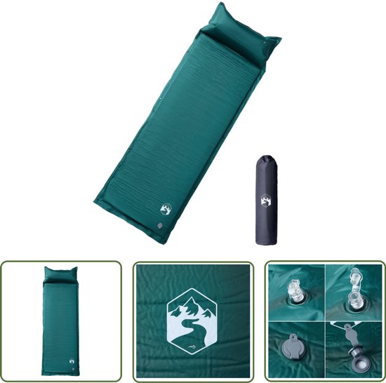 vidaXL Campingmatras - Kampeermatras - Kampeermatras met kussen zelfopblazend 1-persoons groen - Slaapmat - Zelfopblazend Matras - Outdoorslaapzak van Merkloos