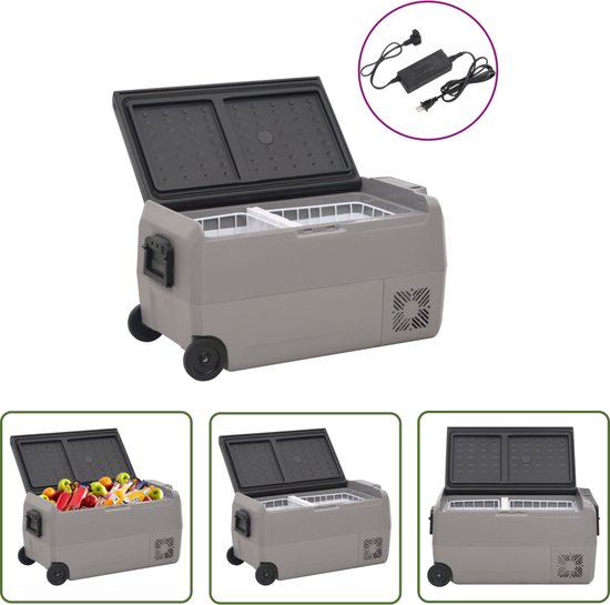 vidaXL Elektrische Koelbox - Koelbox - Koelbox met wielen en adapter 60 L PP en PE zwart en grijs - Camping Koelbox - Reis Koelbox - Outdoor Koelbox van Merkloos