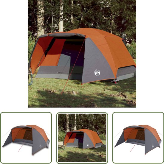 vidaXL Gezinstent - Kampeer Tent - Gezinstent met luifel 6-persoons waterdicht grijs en oranje - Familie Tent - Tent 6 Persoons - Waterdichte Tent van Merkloos