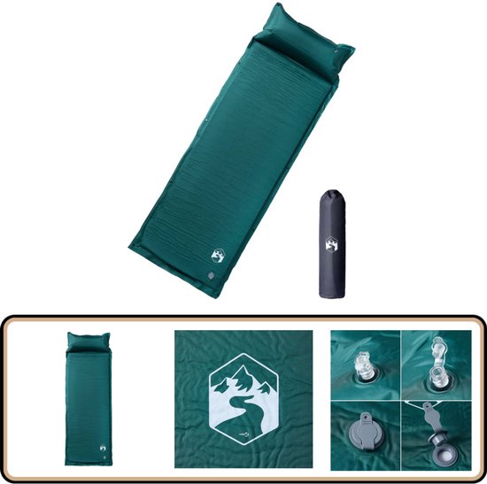vidaXL Kampeermatras met kussen - Groen - 1-persoons Kampeermatras - Zelfopblazend Matras - Slaapplek - Camping Bed - Buitenspelen van Merkloos