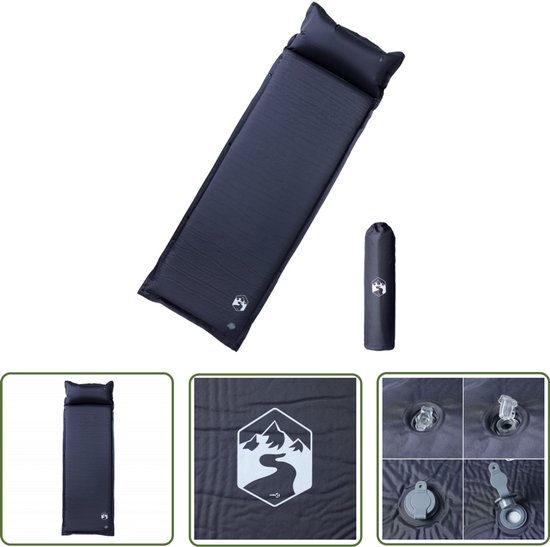 vidaXL Kampeermatras met kussen zelfopblazend 1-persoons grijs - Kampeermatras - Zelfopblazend Matras - Campingmatras - Slaapmat - Reismatras van VidaXL
