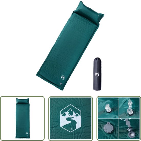 vidaXL Kampeermatras met kussen zelfopblazend 1-persoons groen - Kampeermatras - Zelfopblazend Matras - Campingmatras - Slaapmat - Outdoorslaapzak van VidaXL