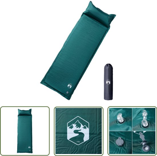 vidaXL Kampeermatras met kussen zelfopblazend 1-persoons groen - Kampeermatras - Zelfopblazend Matras - Campingmatras - Slaapmat - Traagschuim Matras van VidaXL