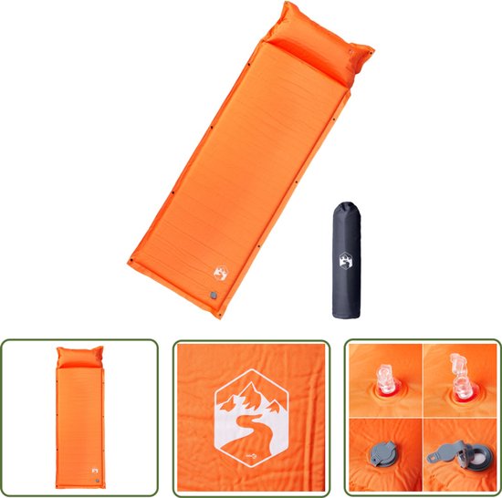 vidaXL Kampeermatras met kussen zelfopblazend 1-persoons oranje - Kampeermatras - Zelfopblazend Matras - Campingmatras - Slaapmat - Kampeerslaapzak van VidaXL