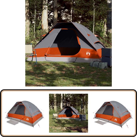 vidaXL Koepeltent - 2-persoons - Waterdicht - Grijs/Oranje Kampeertentoonstelling - Campingtent - Tweepersoonstent - Waterdichte Tent - Lichte Tent van Vidaxl