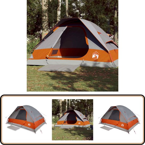 vidaXL Koepeltent 4-persoons - Waterdicht - Grijs/Oranje Koepeltent - Campingtent - Tent - Buitenleven - Kamperen van Vidaxl