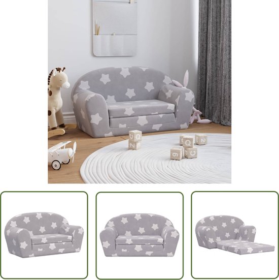 vidaXL Slaapbank Voor Kinderen - Kindermeubel - Kinderslaapbank 2-zits met sterren zacht pluche lichtgrijs - Kids Sofa Bed - Tweezitter Kinderbank - Speelkleed van Vidaxl