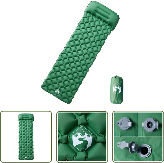 vidaXL Slaapmat - Kampeermatras - Kampeermatras met kussen opblaasbaar 1-persoons groen - Campingbed - Opblaasbaar Matras - Groene Kampeermatras van Merkloos