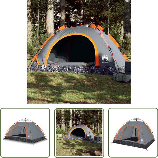 vidaXL Tent - Kampeertent - Tent 3-persoons snelontgrendeling grijs en oranje - 3 Persoons Tent - Campingtent - Vakantiehuisje van Vidaxl