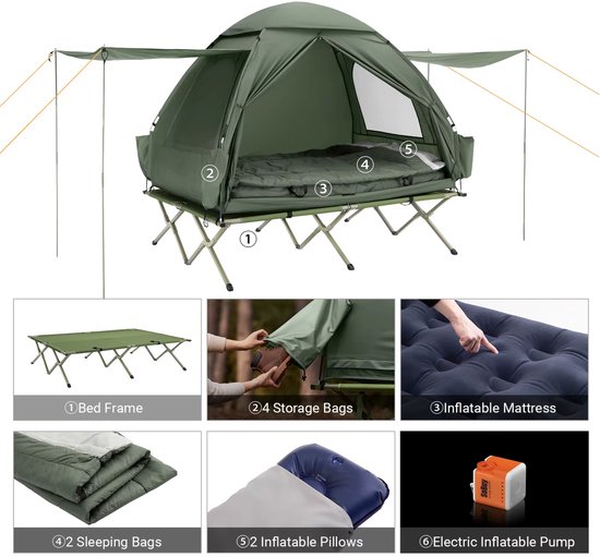 VIEMAE Tent 2 persoons - Kampeertent - Veldbed met tent - 2 persoons - 7-in-1 - Inclusief slaapzak, luchtbed, pomp, kussen, luifel, opbergtas - 193x145x188cm - Groen