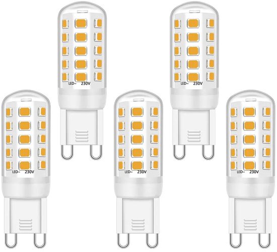 Vijf G9 LED-lampen, 3,5 watt, 33 LED-chips, 400 lumen, 3000K warm wit licht, keramische voet.