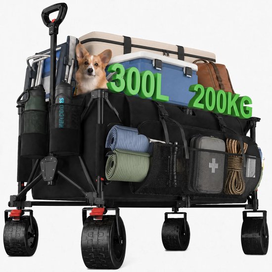 VILIMA - Bolderkar - Bolderkar opvouwbaar - Laadvermogen tot 200 Kg - 300 L - Lange levensduur - 63x118x66cm - Met duwstang - Zwart