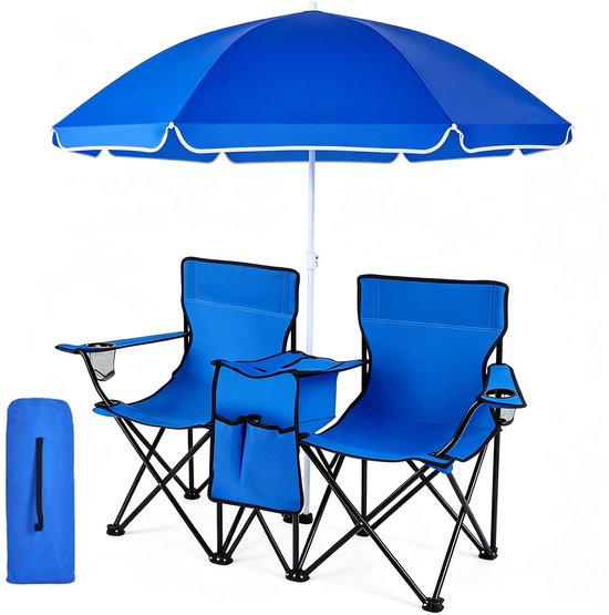 VILIMA - Opvouwbare campingstoel - Opvouwbare kampeerstoelen - Visstoelen - 2 stuks - Incl. parasol en opbergtas - 2 bekerhouders - Waterdicht - Blauw