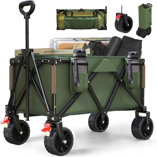 VIN® Strandkar - Bolderkar Opvouwbaar – Bolderwagen Voor Alle Terreinen – Boodschappenwagen Met Brede Banden En Handige Opbergruimtes - Tuinkar Met Verstelbare Handgreep – Winkeltrolley 150 kg Opbergruimte - Groen van Merkloos