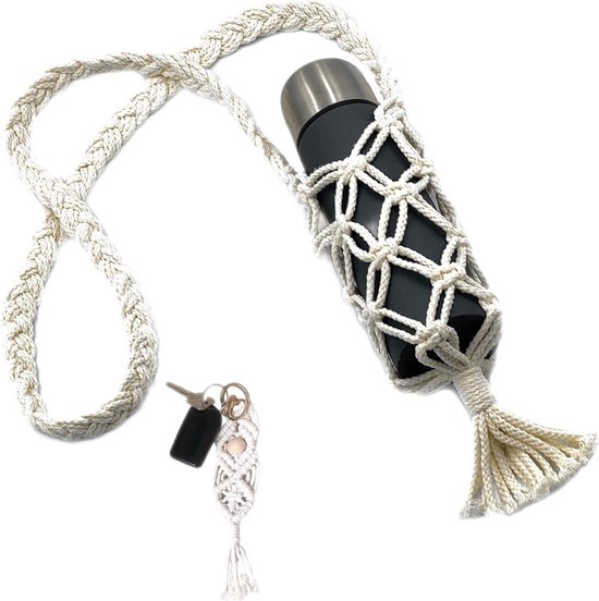 Vintage Boho Macramé Fles Zak - Sleutelhanger Decoratie voor Strand en Festivals met Thermosbekerhouder. bottle bag van Vintage