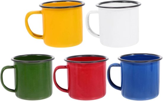 Vintage Emaille Mokken Set van 5, Retro Drinkbekers voor Koffie, Thee en Wijn in Diverse Kleuren