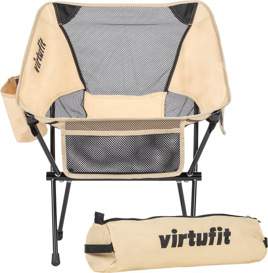 VirtuFit Camping Stoel Compact - Strandstoel - Inclusief Draagtas - Geschikt voor Festivals, Campings & Stranden - Inclusief armsteunen - Eenvoudig Meenemen en Opzetten - Beige van Virtufit